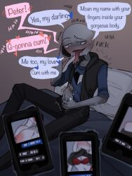Rule 34 | 1boy, bad tag, blue eyes, blush, colored skin, cum, grey skin, holding, holding phone, masturbation, on bed, penis, peter dunbar, phone, photo (medium), sitting, sitting on bed, text messaging, tongue, tongue out, y/n, your boyfriend, your boyfriend (game)