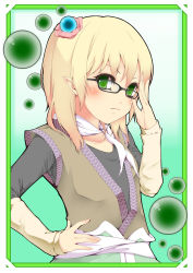 Rule 34 | 1girl, bad id, bad pixiv id, bespectacled, blonde hair, female focus, glasses, green eyes, hair ornament, hand on own hip, highres, hip focus, mizuhashi parsee, pointy ears, short hair, solo, touhou, umxzo