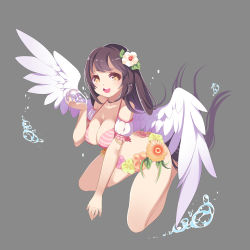 Rule 34 | 1girl, aurora rokudo, blush, breasts, brown hair, bubble, cleavage, flower, hair flower, hair ornament, highres, large breasts, long hair, mellsavon, open mouth, personification, smile, solo, wings, yellow eyes