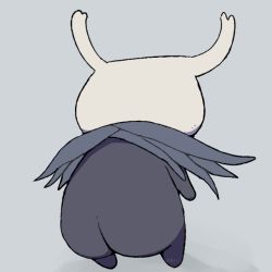 Rule 34 | 1other, artist name, ass, black skin, boke-chan, colored skin, from behind, grey background, hollow knight, horns, knight (hollow knight), leaning forward, nude, other focus, simple background, solo, standing, twitter username, watermark, white horns