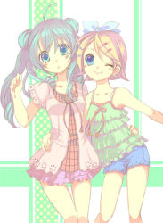 Rule 34 | 2girls, ;), blonde hair, blue eyes, blue hair, camisole, casual, contemporary, contrapposto, frills, green eyes, green hair, hatsune miku, kagamine rin, long hair, long sleeves, looking at viewer, miniskirt, multiple girls, one eye closed, red skirt, shorts, skirt, smile, standing, swept bangs, twintails, very long hair, vocaloid, yamada ako