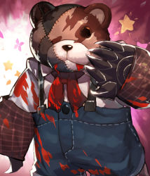 Rule 34 | alternate costume, artist request, card (medium), chaos online, claws, gurr (chaos online), no humans, official art, one-eyed, solo, stitches, stuffed animal, stuffed toy, suspenders, teddy bear
