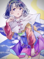 Rule 34 | 1girl, blue eyes, blue hair, buttons, cape, commentary, cowboy shot, dated, dress, fingernails, hair between eyes, hairband, hand up, highres, long sleeves, looking at viewer, m (neteitai10), multicolored clothes, multicolored dress, multicolored hairband, parted lips, patchwork clothes, rainbow gradient, short hair, signature, sky print, sleeve cuffs, tenkyuu chimata, touhou, two-sided cape, two-sided fabric, white cape