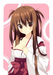 Rule 34 | 1girl, blush, breasts, brown hair, female focus, japanese clothes, kuwashima rein, long hair, miko, open mouth, original, red eyes, short twintails, small breasts, solo, tororo inniina, twintails, two side up