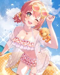Rule 34 | 1girl, bikini, blue sky, blush, bow, breasts, cleavage, collarbone, commentary, eyewear lift, flower, frilled shirt, frills, hair bow, hair flower, hair ornament, halterneck, highres, holding, holding swim ring, honma himawari, innertube, jewelry, leaning forward, looking at viewer, medium breasts, navel, necklace, nijisanji, ocean, one eye closed, orange bikini, orange hair, outdoors, plaid, plaid bikini, scrunchie, seashell, see-through, see-through shirt, shell, shirt, short twintails, sky, smile, solo, sparkle, star (symbol), star necklace, stuffed animal, stuffed toy, sunflower, sunflower hair ornament, swim ring, swimsuit, teeth, thigh strap, twintails, unionjack576, upper teeth only, virtual youtuber, wet, x hair ornament, yellow eyes, yellow scrunchie