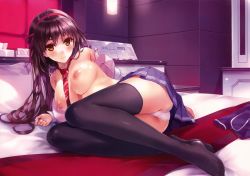 Rule 34 | 1girl, absurdres, ass, black thighhighs, blush, bra, breasts, brown eyes, brown hair, condom, copyright request, feet, front-hook bra, hair ribbon, highres, large breasts, legs, long hair, long legs, looking at viewer, lying, misaki kurehito, necktie, nipples, no shoes, off shoulder, official art, on bed, on side, open bra, open clothes, open shirt, panties, pantyshot, pink bra, pleated skirt, ribbon, shirt, skirt, smile, solo, strap slip, sweat, thighhighs, thighs, topless, underwear, upskirt, white panties