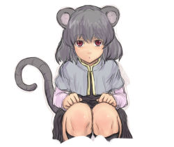 Rule 34 | 1girl, :o, animal ears, capelet, female focus, grey hair, kuro suto sukii, looking at viewer, mouse ears, mouse tail, nazrin, red eyes, short hair, simple background, solo, squatting, tail, touhou, white background