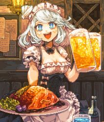 Rule 34 | 1girl, :d, alcohol, apron, barmaid, beer, beer mug, black bow, black bowtie, black corset, black skirt, blue drink, blue eyes, blush, bottle, bow, bowtie, breasts, commentary request, corset, cup, dirndl, drink, drinking glass, food, frilled apron, frilled shirt, frilled skirt, frills, fruit, german clothes, grapes, hanging light, holding, holding cup, holding tray, indoors, looking at viewer, maid headdress, meat, medium breasts, mug, open mouth, original, pixel art, puffy short sleeves, puffy sleeves, shibairo, shirt, short hair, short sleeves, sidelocks, skirt, smile, solo, sparkle, swept bangs, teeth, tray, underbust, upper teeth only, vegetable, waist apron, waitress, white apron, white bow, white hair, white shirt