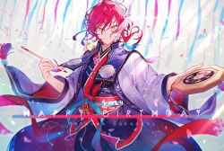 Rule 34 | 1boy, alternate costume, animal, animal on shoulder, bird, bird on shoulder, birthday, blue kimono, character name, commentary, dated, english text, ensemble stars!, hair between eyes, haori, highres, holding, holding brush, japanese clothes, kimono, layered clothes, layered kimono, looking at viewer, male focus, multicolored hair, o-ishi, obi, obiage, obijime, red hair, sakasaki natsume, sash, short hair, simple background, smile, solo, symbol-only commentary, tagme, two-tone hair, upper body, watermark, white background, white hair, yellow eyes