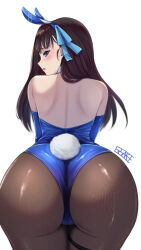 Rule 34 | 1girl, alternate costume, animal ears, ass, bare shoulders, blue eyes, blush, brown hair, diesel (nikke), elbow gloves, ex saki, from behind, gloves, goddess of victory: nikke, hair ribbon, huge ass, leotard, long hair, looking at viewer, looking back, pantyhose, playboy bunny, rabbit ears, rabbit tail, ribbon, shiny clothes, shiny skin, solo, tail, thick thighs, thighs, thong leotard