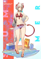 Rule 34 | 1girl, absurdres, antenna hair, arknights, bare legs, beach, bikini, bottle, breasts, character name, cleavage, closed mouth, commentary, cooler, demon tail, english commentary, english text, expressionless, full body, grey hair, hand on own hip, highres, looking at viewer, medium breasts, naoel (naoel art), navel, orange background, red bikini, red eyes, sandals, see-through, see-through shirt, short hair, sign, solo, standing, standing on liquid, swimsuit, tail, w (arknights), warning sign, white background