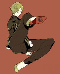 Rule 34 | 10s, 1boy, bird, closed mouth, collared shirt, flower, full body, green hair, hair over one eye, high heels, male focus, personification, red background, simple background, snj, solo, touken ranbu, uguisumaru