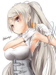 Rule 34 | 1girl, akino shuu, blush, breasts, brown eyes, closed mouth, conte di cavour (kancolle), conte di cavour nuovo (kancolle), dress, gloves, grey hair, kantai collection, large breasts, long hair, simple background, solo, twitter username, upper body, white background, white dress, white gloves
