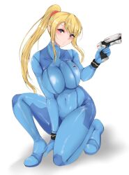 Rule 34 | 1girl, blonde hair, blue bodysuit, blue eyes, bodysuit, breasts, covered navel, full body, gun, high ponytail, highres, holding, holding gun, holding weapon, kneeling, large breasts, looking at viewer, metroid, mole, mole under mouth, nintendo, plasma pistol, ryou (619-619), samus aran, simple background, skin tight, solo, weapon, white background, zero suit