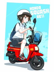 Rule 34 | 1girl, alternate costume, aqua eyes, backpack, bag, black skirt, blue background, border, brown hair, collared shirt, commentary, english commentary, english text, food, full body, grey footwear, helmet, highres, hololive, honda, kusoukagaku, miniskirt, motor vehicle, mouth hold, oozora subaru, pleated skirt, popsicle, riding scooter, school uniform, scooter, shadow, shirt, shoes, short hair, short sleeves, sitting, skirt, sneakers, solo, virtual youtuber, white border, white headwear, white shirt