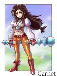 Rule 34 | 1girl, black choker, black hair, boots, breasts, brown eyes, choker, commentary request, final fantasy, final fantasy ix, full body, garnet til alexandros xvii, gloves, high heel boots, high heels, highres, holding, holding staff, jewelry, long hair, low-tied long hair, medium breasts, midriff, navel, oomasa teikoku, pendant, solo, square enix, staff, standing, weapon