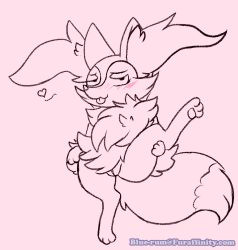 Rule 34 | 1girl, :3, animal ears, animal hands, artist name, blue-rum, blush, braixen, creatures (company), feet, female focus, fox ears, fox tail, full body, furry, furry female, game freak, gen 6 pokemon, half-closed eyes, heart, leg lift, monochrome, nintendo, pink background, pokemon, pokemon (creature), pokemon xy, pussy, simple background, smile, solo, spread legs, standing, standing on one leg, tail, text focus, tongue, tongue out, uncensored, watermark, web address
