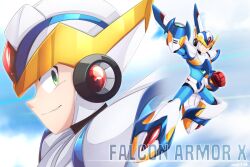 Rule 34 | 1boy, android, arm cannon, armor, axasempai, character name, falcon armor x (mega man), forehead jewel, full body, green eyes, helmet, male focus, mechanical wings, mega man (series), mega man x (series), multiple views, weapon, white armor, white helmet, wings, x (mega man), x buster