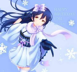 Rule 34 | 1girl, birthday, blue gloves, blue hair, blush, character name, commentary request, cowboy shot, dated, flower, gloves, hair ornament, hair ribbon, happy birthday, highres, japanese clothes, kimono, kimono skirt, long hair, looking at viewer, love live!, love live! school idol festival, love live! school idol project, open mouth, ribbon, sasurai (kijitora713), scarf, simple background, snowflakes, solo, sonoda umi, thighhighs, white thighhighs, wide sleeves, yellow eyes