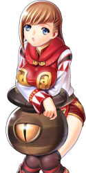Rule 34 | 1girl, :o, adventurer (ff11), blue eyes, breast rest, breasts, brown hair, covered erect nipples, final fantasy, final fantasy xi, hume, kneehighs, knees together feet apart, lips, long sleeves, magic pot, medium breasts, open mouth, pink lips, purple socks, robe, short hair, simple background, socks, solo, standing, taisai soft, thighs, white background, white mage (final fantasy)