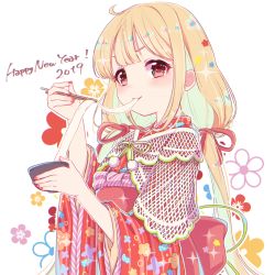 Rule 34 | 1girl, 2019, aozora saishiki, blonde hair, blush, chopsticks, commentary request, eating, floral background, food, futaba anzu, hair ribbon, happy new year, highres, idolmaster, idolmaster cinderella girls, japanese clothes, kimono, long hair, long sleeves, looking at viewer, low twintails, mochi, new year, red eyes, red kimono, red ribbon, ribbon, solo, twintails, white background, wide sleeves