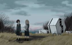 2girls bag bare_tree black_footwear black_hair black_jacket black_skirt blazer blonde_hair building carrying grass highres holding holding_bag jacket landscape lapels medium_hair multiple_girls open_clothes open_jacket original outdoors overcast pleated_skirt power_lines scenery shoulder_bag skirt sky standing tree wide_shot yoshiryuu