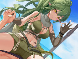 Rule 34 | 1boy, 1girl, :q, absurdres, arknights, bare shoulders, belt, bikini, black gloves, blue sky, breasts, cleavage, closed mouth, cowgirl position, crocodilian tail, day, elbow gloves, fingerless gloves, gavial (arknights), girl on top, gloves, green bikini, green hair, green shorts, hetero, highres, jewelry, large breasts, long hair, looking at viewer, material growth, navel, necklace, ok sign, oripathy lesion (arknights), outdoors, pointy ears, short shorts, shorts, shoulder tattoo, sktre12, sky, smile, solo focus, spread legs, stomach, straddling, swimsuit, tail, tattoo, tongue, tongue out, v-shaped eyebrows, very long hair, yellow eyes