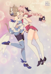 Rule 34 | 1980s (style), 2boys, :p, ;d, androgynous, animal ears, artist name, astolfo (fate), astolfo (sailor paladin) (fate), bad id, bad pixiv id, black bow, black ribbon, blue legwear, bluethebone, bow, braid, braided ponytail, brown eyes, brown hair, cat ears, cat tail, commentary, commentary request, crossdressing, crossover, detached sleeves, english commentary, erection, fang, fate/apocrypha, fate/grand order, fate (series), felix argyle, foreskin, full body, hair bow, hair ribbon, highres, long hair, looking at viewer, male focus, multiple boys, multiple penises, official alternate costume, oldschool, one eye closed, open mouth, pantyhose, patreon username, penis, penises touching, pink hair, re:zero kara hajimeru isekai seikatsu, red eyes, red skirt, retro artstyle, ribbon, school uniform, serafuku, short hair, skirt, smile, striped legwear, tail, testicles, thighhighs, tongue, tongue out, torn clothes, torn legwear, trait connection, trap, trap on trap, uncensored, vertical-striped legwear, white bow, white legwear, yaoi