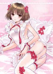Rule 34 | 1girl, apron, bed sheet, bow, breasts, brown eyes, brown hair, cleavage, frilled pillow, frills, garter straps, hair bow, looking at viewer, lying, medium breasts, on side, open mouth, original, panties, pillow, red bow, sakuragi akira, short hair, sideboob, solo, thighhighs, underwear, white apron, white panties, white thighhighs