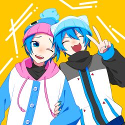 Rule 34 | 2boys, :3, absurdres, alternate costume, animal hat, beanie, blue eyes, blue hair, blue nails, blue sleeves, blush, buttons, cat hat, closed eyes, commentary request, fish hat, fishy overalls (module), forehead, hair between eyes, hat, highres, holding, holding another&#039;s arm, hood, hoodie, kaito (vocaloid), looking at another, male focus, multiple boys, neko cyber (module), no nose, nose blush, one eye closed, pink hood, shio ice, smile, teeth, upper teeth only, v, vocaloid, white hoodie, yellow background