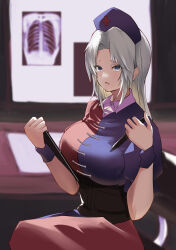 Rule 34 | 1girl, absurdres, blue dress, blue hat, blurry, blurry background, breasts, commentary request, dress, grey eyes, grey hair, hat, highres, holding, holding pen, large breasts, long hair, looking at viewer, nurse cap, open mouth, parted lips, pen, red dress, short sleeves, sitting, solo, touhou, two-tone dress, x-ray, yagokoro eirin, yagoro kusuriya