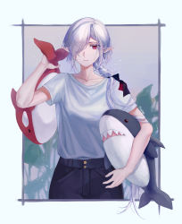 Rule 34 | 1girl, absurdres, arknights, artist name, black pants, carrying, carrying over shoulder, carrying under arm, gladiia (arknights), hair over one eye, highres, holding, holding toy, looking at viewer, pants, pointy ears, red eyes, shirt, short sleeves, silver hair, standing, standing on one leg, stuffed animal, stuffed orca, stuffed shark, stuffed toy, symbol-only commentary, t-shirt, theta (swfh8575), toy, upper body, white shirt