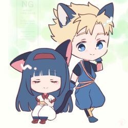 1boy 1girl ainu_clothes animal_ears blonde_hair blue_eyes blue_hair breasts cat_ears cat_girl cat_tail closed_eyes galford_d_weller hair_ribbon hand_on_own_chest height_difference highres japanese_clothes legs long_hair nakoruru pants pointy_hair ribbon samurai_spirits short_hair sitting small_breasts smile snk tail thighs