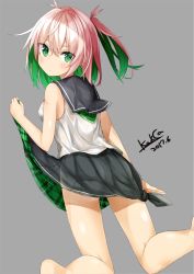 Rule 34 | 1girl, artist name, black skirt, clothes lift, colored inner hair, dated, eyes visible through hair, green eyes, green hair, grey background, kavka, kneeling, lifting own clothes, looking at viewer, multicolored hair, original, pink hair, plaid, ponytail, short hair, simple background, skirt, solo, two-sided fabric, two-sided skirt