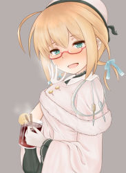 Rule 34 | 1girl, blonde hair, blue eyes, blush, breasts, breath, capelet, dress, glass, glasses, gloves, hat, i-8 (kancolle), kantai collection, large breasts, long sleeves, low twintails, open mouth, peaked cap, red-framed eyewear, riki (905060), sailor hat, semi-rimless eyewear, solo, tea, twintails, white gloves, wide sleeves
