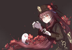 Rule 34 | 1girl, bad id, bad pixiv id, bead bracelet, beads, black background, black headwear, black nails, bracelet, chinese clothes, claw pose, flower, genshin impact, ghost, hair ornament, hat, highres, hu tao (genshin impact), jewelry, long hair, looking at viewer, nail polish, plum blossoms, simple background, smile, star-shaped pupils, star (symbol), suito mei, symbol-shaped pupils, top hat, twintails