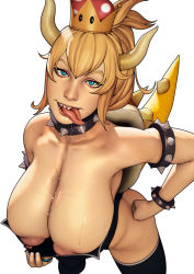 Rule 34 | 1girl, armlet, bare shoulders, black collar, black leotard, black thighhighs, blonde hair, blue eyes, bowsette, bracelet, breasts, cleavage, collar, collarbone, covered erect nipples, crown, drooling, fangs, female focus, hand on own hip, head tilt, headwear request, high ponytail, highres, horns, huge breasts, huge nipples, jewelry, john doe, leaning forward, leotard, long tongue, looking at viewer, mario (series), naughty face, new super mario bros. u deluxe, nintendo, nipples, open mouth, paizuri invitation, ponytail, presenting, puffy nipples, sagging breasts, saliva, sharp teeth, shell, simple background, solo, spiked armlet, spiked bracelet, spiked collar, spiked tail, spikes, standing, strapless, super crown, super mario bros. 1, tail, teeth, thighhighs, tongue, tongue out, wet, white background