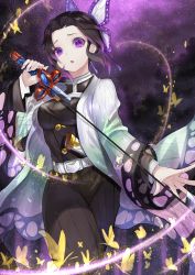 Rule 34 | 1girl, absurdres, belt, belt buckle, black hair, black jacket, black pants, breasts, buckle, bug, butterfly, butterfly hair ornament, gradient hair, hair intakes, hair ornament, haori, high-waist pants, highres, holding, holding sword, holding weapon, huge filesize, insect, jacket, japanese clothes, kimetsu no yaiba, kochou shinobu, long sleeves, looking at viewer, medium breasts, military, military uniform, multicolored hair, night, open mouth, outdoors, pants, purple eyes, purple hair, r (ryo), sheath, short hair, sky, solo, standing, star (sky), starry sky, sword, uniform, unsheathed, weapon, white belt
