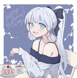 Rule 34 | 1girl, alternate costume, arm rest, ayaka (genshin impact), black bow, blue background, blue eyes, blue hair, blunt bangs, blunt tresses, blush, border, bow, branch, cake, cake slice, chair, collarbone, collared shirt, commentary, cup, english commentary, english text, flower knot, food, fork, genshin impact, grey shirt, hair bow, hair ribbon, halter shirt, halterneck, happy birthday, highres, holding, holding fork, light blue hair, long hair, long sleeves, off-shoulder shirt, off shoulder, open mouth, plate, ponytail, ribbon, saucer, shadow, shirt, shockwhite3, sitting, solo, table, tea, teacup, teeth, timestamp, tongue, tress ribbon, twitter username, upper teeth only, white border