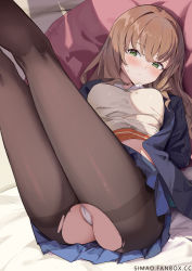 Rule 34 | 1girl, artist name, ass, blue skirt, blush, breasts, brown hair, brown pantyhose, cameltoe, green eyes, gridman universe, highres, legs up, long hair, medium breasts, minami yume, panties, pantyhose, pleated skirt, simao (x x36131422), skirt, solo, ssss.dynazenon, torn clothes, torn pantyhose, underwear, white panties