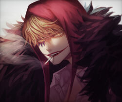 Rule 34 | 1boy, blonde hair, cigarette, commentary request, donquixote rocinante, feather coat, hat, looking at viewer, makeup, male focus, mouth hold, nsgw, one piece, orange eyes, red lips, shirt, short hair, smoke, smoking, solo, teeth