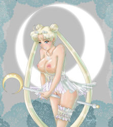 Rule 34 | 1girl, bishoujo senshi sailor moon, blonde hair, blue eyes, breasts, dress, female focus, hair ornament, huge breasts, jewelry, large breasts, bridal garter, lingerie, long hair, maboroshi no ginzuishou, moon, necklace, nipples, no bra, no panties, princess serenity, pussy, queen serenity, scepter, see-through, see-through dress, solo, translucent, tsukino usagi, underwear