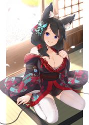 Rule 34 | 1girl, absurdres, animal ears, azur lane, black hair, black kimono, blue eyes, blush, breasts, butterfly hair ornament, cat ears, cherry blossoms, cleavage, day, fusou (azur lane), fusuma, hair between eyes, hair ornament, hand on own chest, highres, indoors, japanese clothes, karla (kimidori3), kimono, large breasts, long hair, long sleeves, looking at viewer, medium hair, open mouth, petals, sash, short kimono, shouji, sitting, sliding doors, smile, solo, thighhighs, wariza, white thighhighs, wide sleeves, wooden floor