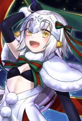 Rule 34 | 1girl, :d, bell, black bra, black gloves, bra, capelet, commentary request, elbow gloves, fate/grand order, fate (series), flat chest, gloves, headpiece, highres, holding, jeanne d&#039;arc (fate), jeanne d&#039;arc alter santa lily (fate), long hair, looking at viewer, nora wanko, open mouth, polearm, silver hair, smile, solo, underwear, weapon, yellow eyes