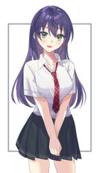 Rule 34 | 1girl, :d, black skirt, blush, breasts, collared shirt, genderswap, genderswap (mtf), green eyes, highres, kenmochi touya, long hair, looking at viewer, medium breasts, nijisanji, open mouth, own hands together, pleated skirt, purple hair, school uniform, shirt, short sleeves, simple background, skirt, smile, solo, tsumetsume zerii, v arms, very long hair, virtual youtuber, white background, white shirt