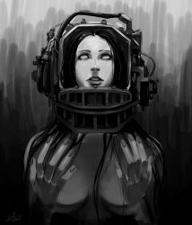 Rule 34 | 1girl, absurdres, ami thompson, bad id, bad pixiv id, black hair, greyscale, highres, long hair, looking up, monochrome, saw (movie), solo, topless