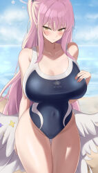 Rule 34 | 1girl, absurdres, black one-piece swimsuit, blue archive, blue sky, blurry, blurry background, blush, breasts, cleavage, closed mouth, collarbone, commentary request, competition swimsuit, covered navel, day, halo, highres, k 0art, large breasts, long hair, looking at viewer, mika (blue archive), mountainous horizon, ocean, one-piece swimsuit, outdoors, pink hair, sky, solo, standing, swimsuit, thigh gap, very long hair, yellow eyes