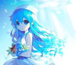 Rule 34 | 1girl, bad id, bad twitter id, blue eyes, blue hair, blue theme, bracelet, breasts, bubble, closed mouth, dress, expressionless, flower, ha youn, hat, heart, heart-shaped pupils, highres, ikamusume, jewelry, looking at viewer, shinryaku! ikamusume, sleeveless, sleeveless dress, small breasts, solo, squid, squid hat, symbol-shaped pupils, tentacle hair, white dress, white hat