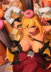 Rule 34 | 1girl, :d, absurdres, blonde hair, blush, breasts, breasts apart, doughnut, dress, elbow gloves, fangs, food, food on head, gloves, highres, khyle., kiss-shot acerola-orion heart-under-blade, large breasts, long hair, monogatari (series), no bra, object on head, open mouth, oshino shinobu, pointy ears, red dress, smile, solo, white gloves