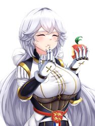 Rule 34 | absurdres, apple, breasts, chewing, closed eyes, closed mouth, cross, eating, food, french flag, fruit, gauntlets, hair tie, highres, holding, holding food, holding fruit, large breasts, lion, long hair, musanix, original, white background, white hair